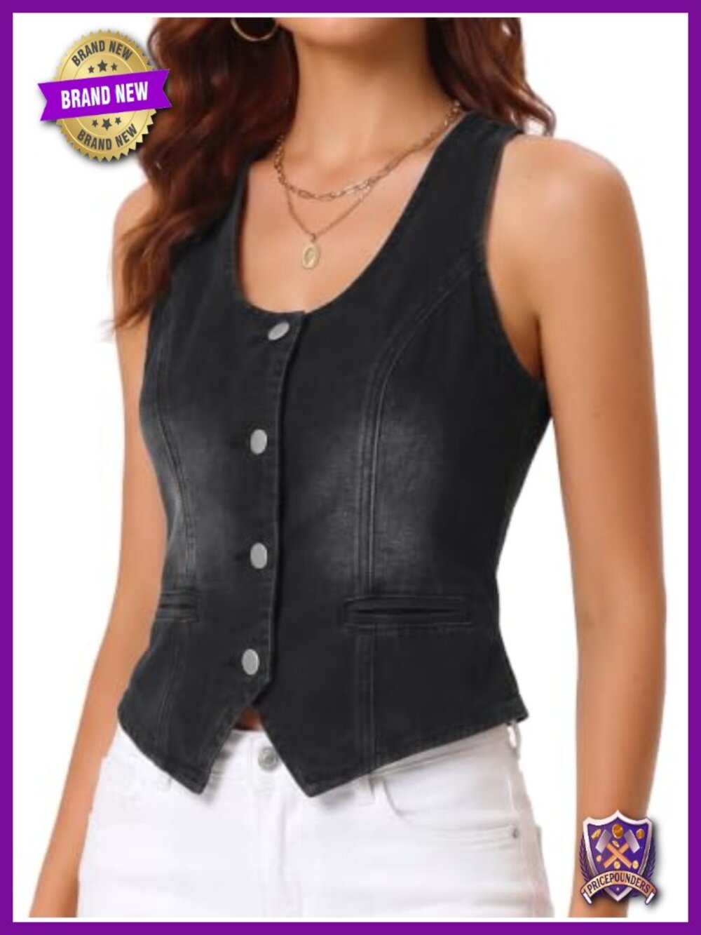 Sleeveless Denim Vest Button Down U Neck Fitted Jean Waistcoat